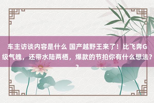 车主访谈内容是什么 国产越野王来了！比飞奔G级气魄，还带水陆两栖，爆款的节拍你有什么想法？